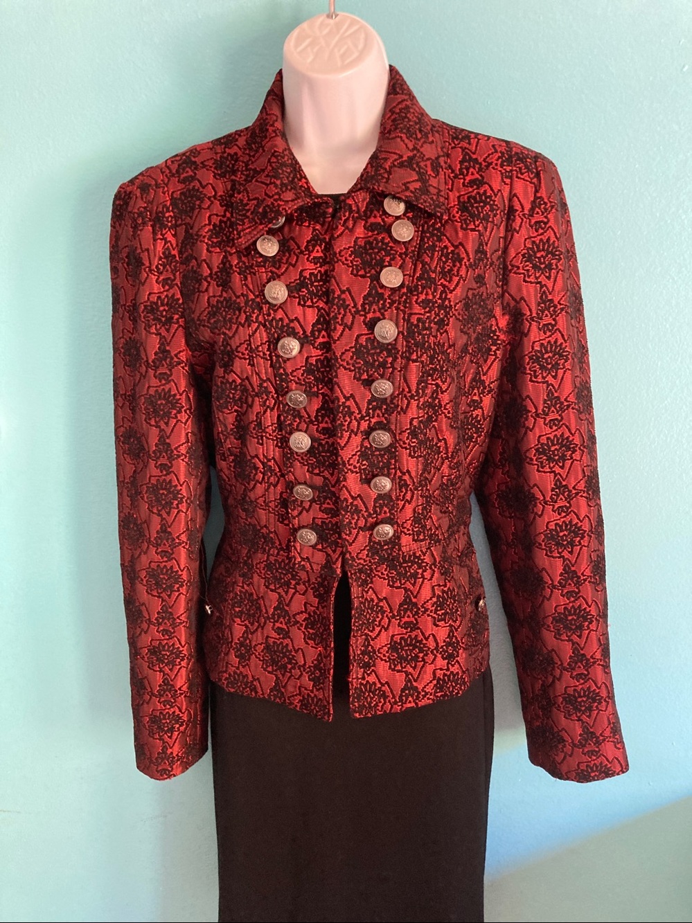 CASS Archival Red Metallic Floral Jacquard Military Blazer Size L Hook Closure